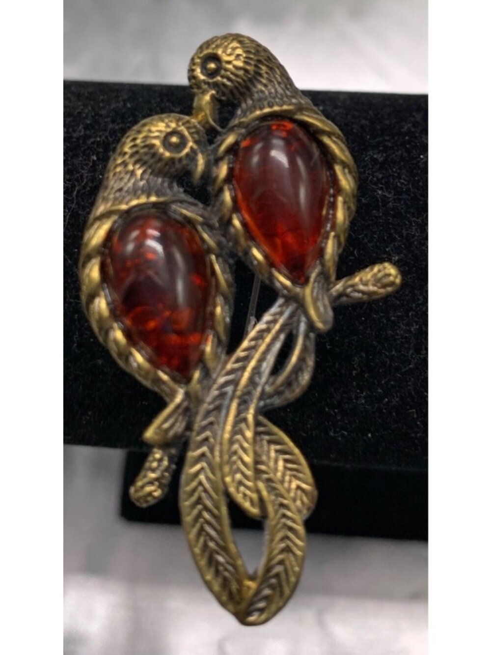 Vintage Bronze Twin Bird Brooch With Amber Red Cabochon Stones